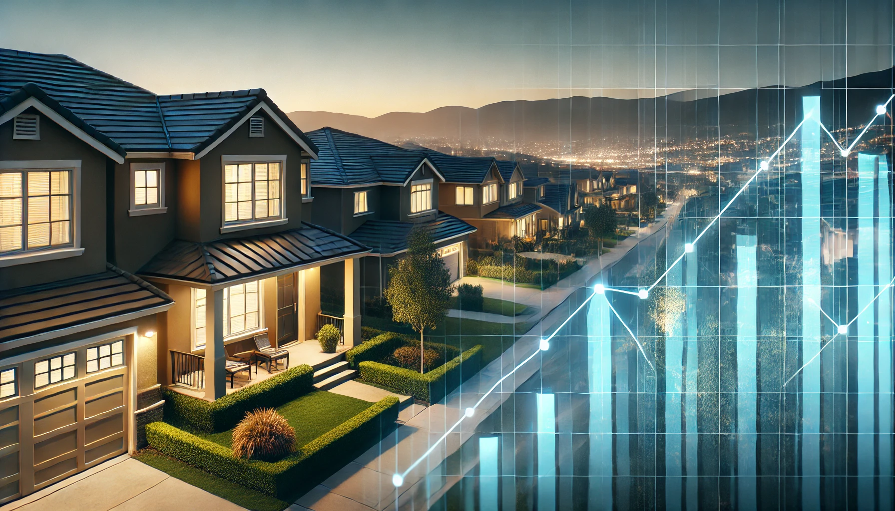 Suburban Neighborhood at dusk with chart